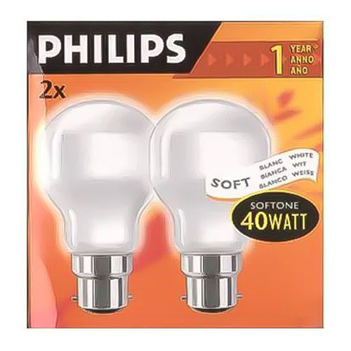 Philips GLS 40w B22d/BC SoftoneWhite 240V 1000hrs 360lm T55 2 x Pack  - GL40BC-SW-PH