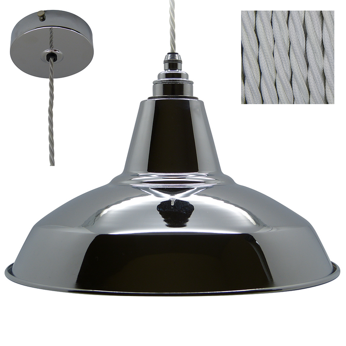 OLLY Industrial Shade Pendant Set 1mtr. Chrome Shade, Chrome Rose, Twisted White Flex