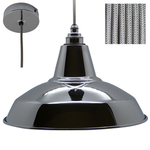 CHRIS Industrial Shade Pendant Set 1mtr. Chrome Shade, Chrome Rose, Round Silver Metal Flex - Lampfix - Sparks Warehouse