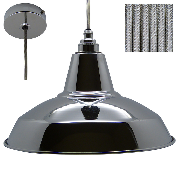 CHRIS Industrial Shade Pendant Set 1mtr. Chrome Shade, Chrome Rose, Round Silver Metal Flex