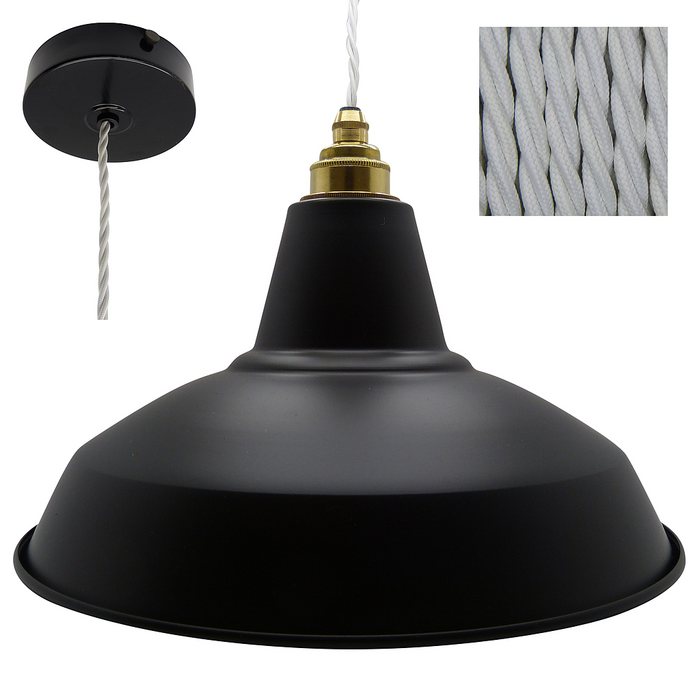 ROD Industrial Shade Pendant Set 1mtr. Black Shade, Black Rose, Twisted White Flex