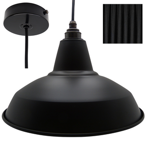 JIM Industrial Shade Pendant Set 1mtr. Black Shade, Black Rose, Round Black Flex Pendant Lights Lampfix - Sparks Warehouse