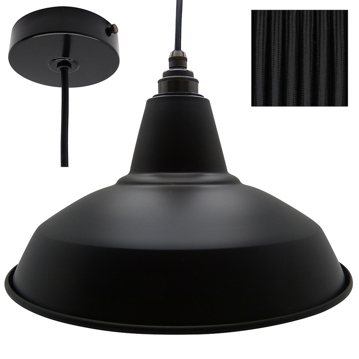 JIM Industrial Shade Pendant Set 1mtr. Black Shade, Black Rose, Round Black Flex