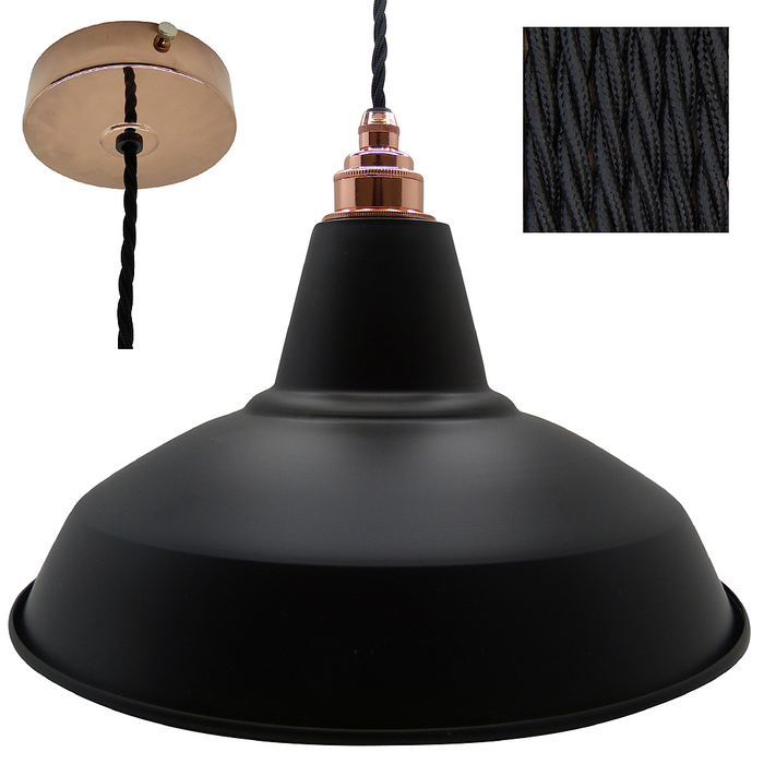 TOM Industrial Shade Pendant Set 1mtr. Black Shade, Copper Rose, Twisted Black Flex