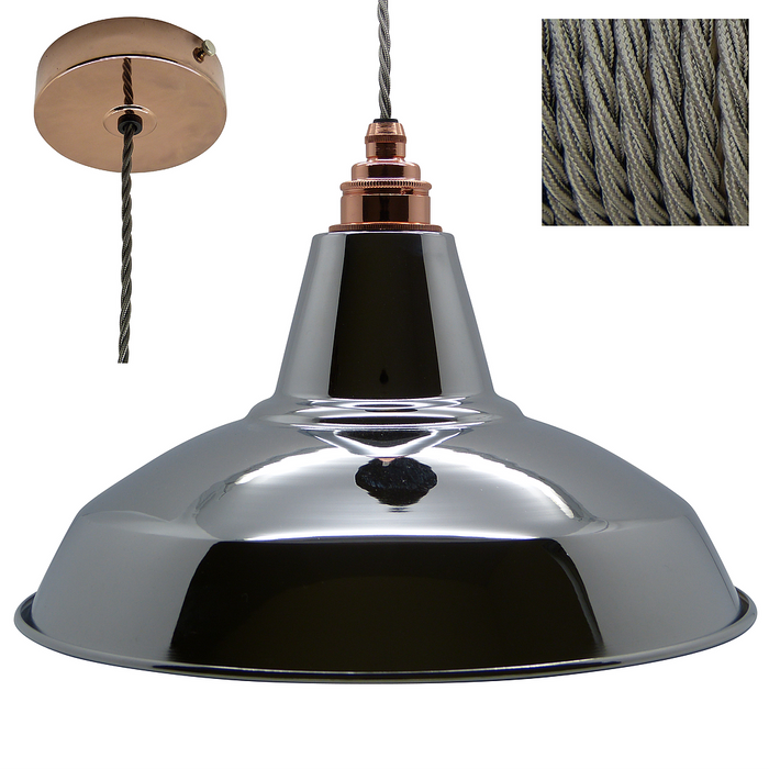 CHARLIE Industrial Shade Pendant Set 1mtr. Chrome Shade, Copper Rose, Twisted Grey Flex