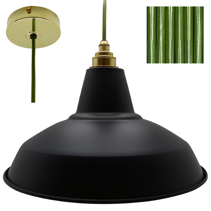 FRED Industrial Shade Pendant Set 1mtr. Black Shade, Brass Rose, Round Cyprus Green Flex