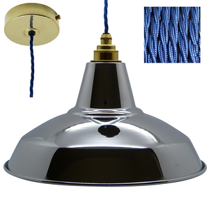 TIM Industrial Shade Pendant Set 1mtr. Chrome Shade, Brass Rose, Twisted Cobalt Blue Flex Pendant Lights Lampfix - Sparks Warehouse