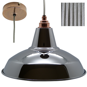 JAKE Industrial Shade Pendant Set 1mtr. Chrome Shade, Copper Rose, Round Silver Metal Flex Pendant Lights Lampfix - Sparks Warehouse