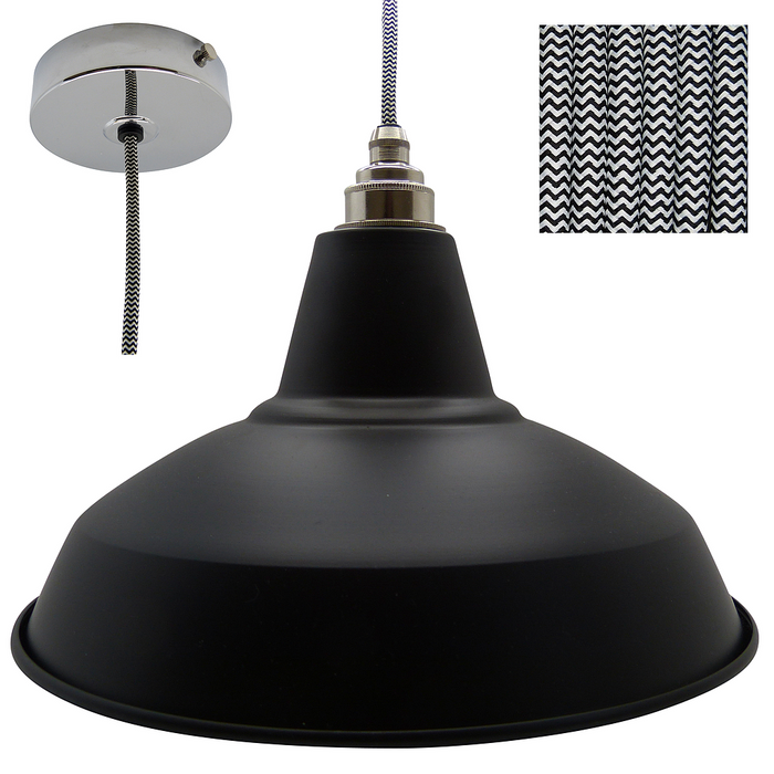 DAN Industrial Shade Pendant Set 1mtr. Black Shade, Nickel Rose, Round Black/White Zigzag Flex