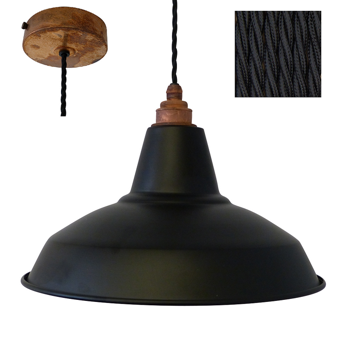 PETE Industrial Shade Pendant Set 1mtr. Black Shade, Rustic Rose, Twisted Black Flex