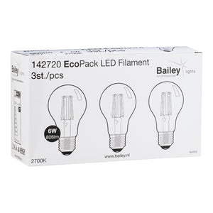 Bailey - 142720 - EcoPack 3pcs LED FIL A60 E27 6W (60W) 806lm 827 Clear Light Bulbs Bailey - The Lamp Company