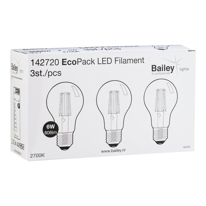 Bailey - 142720 - EcoPack 3pcs LED FIL A60 E27 6W (60W) 806lm 827 Clear