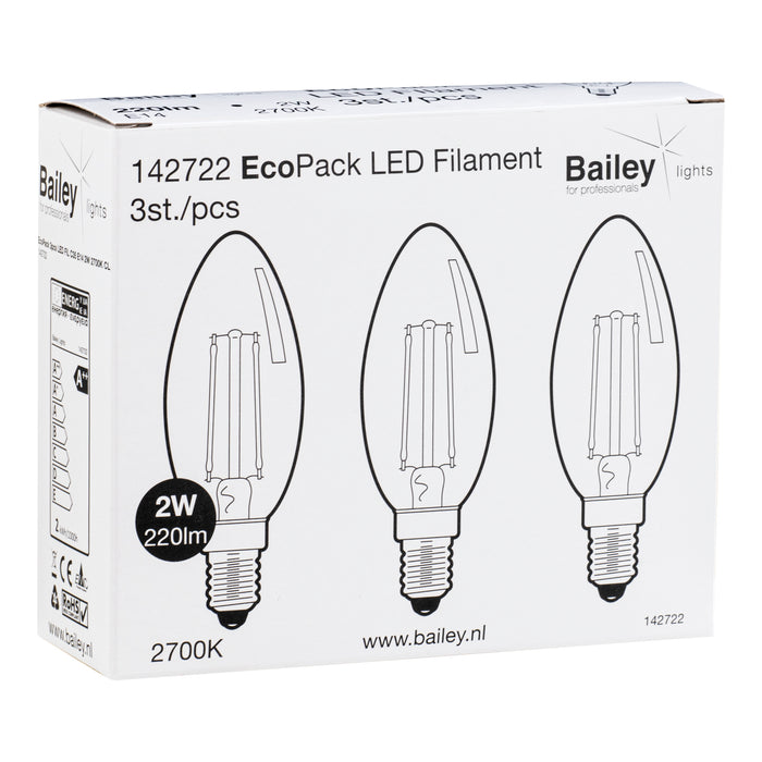 Bailey - 142722 - EcoPack 3pcs LED FIL C35 E14 2W (22W) 220lm 827 Clear