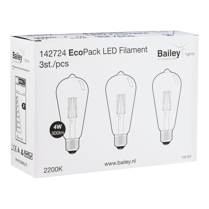 Bailey - 142724 - EcoPack 3pcs LED FIL ST64 E27 4W (29W) 300lm 822 Gold