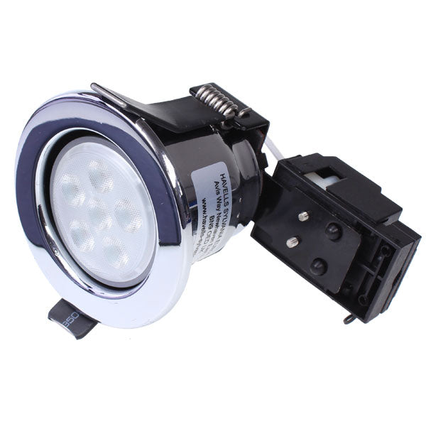 Fixed Fire Rated IP20 LED Downlight in Chrome with an Osram 5.9W 3000K GU10 36 Degree Dimmable