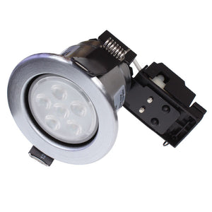 Fixed Fire Rated IP20 LED Downlight Brushed Steel with an Osram 5.9w 3000K GU10 3 Degree Dimmable