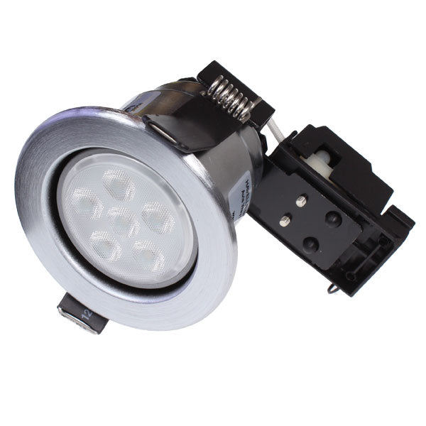 Fixed Fire Rated IP20 LED Downlight Brushed Steel with an Osram 5.9w 2700K GU10 36 Degree Dimmable