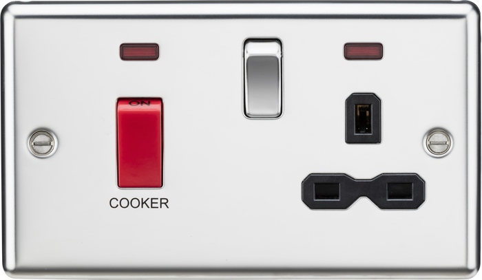 Knightsbridge CL83PC 45A DP Cooker Switch & 13A Switched Socket - Neon & Black Insert - Rounded Edge Polished Chrome