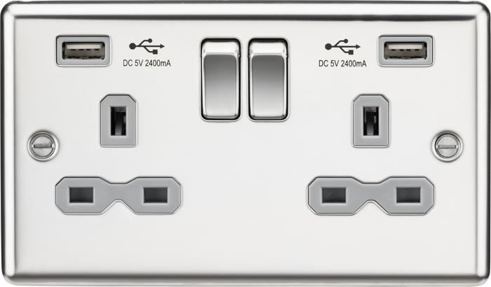 Knightsbridge CL9224PCG 13A 2G DP Switched Socket - USB Rounded Edge Polished Chrome - Grey insert