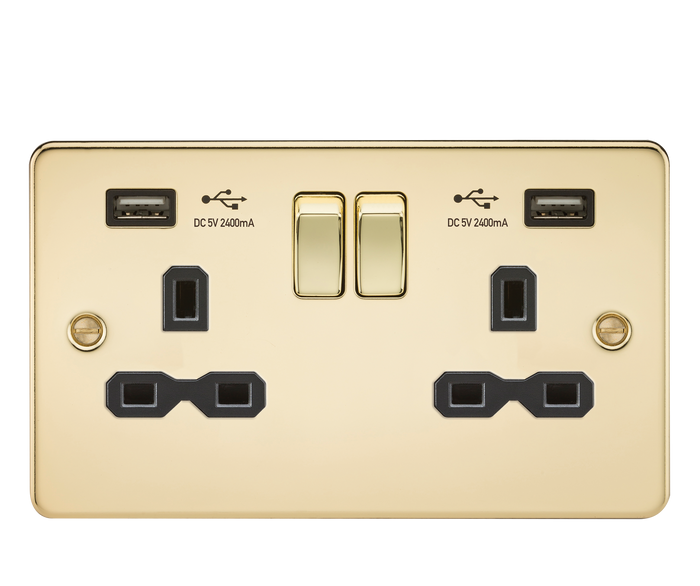 Knightsbridge FPR9224PB Flat plate 13A 2G switched socket with dual USB charger (2.4A) - polished brass with black insert