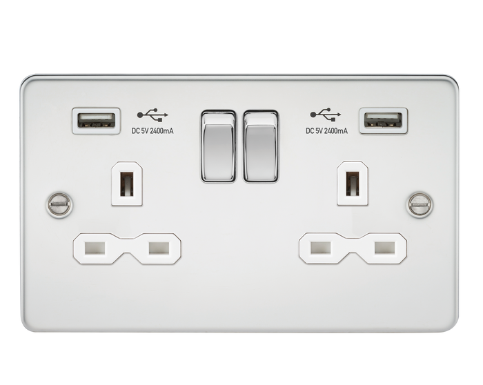 Knightsbridge FPR9224PCW Flat plate 13A 2G switched socket with dual USB charger (2.4A) - polished chrome with white insert