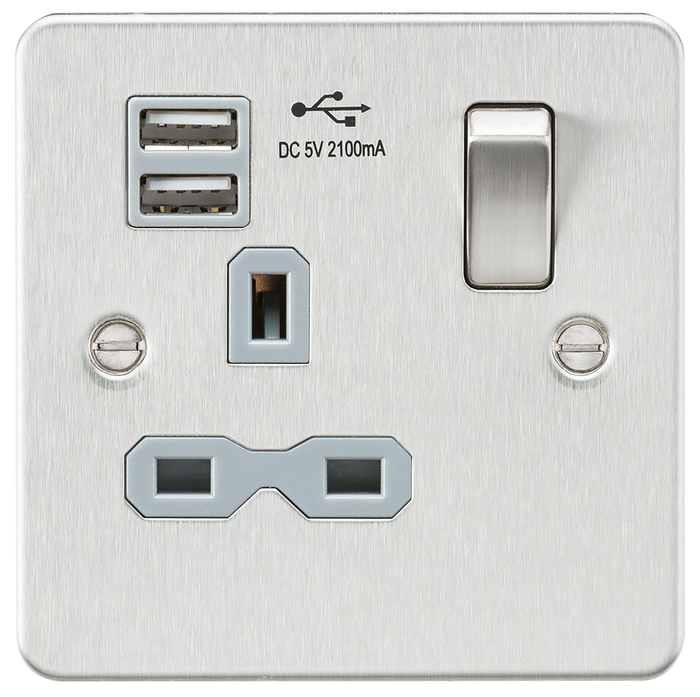 Knightsbridge FPR9901BCG Flat plate 13A 1G switched socket with dual USB charger (2.1A) - brushed chrome with grey insert