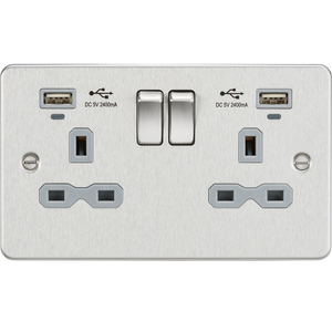 Knightsbridge FPR9904NBCG Flat plate 13A Smart 2G switched socket with USB chargers (2.4A) - Brushed Chrome with grey insert - Knightsbridge - Sparks Warehouse