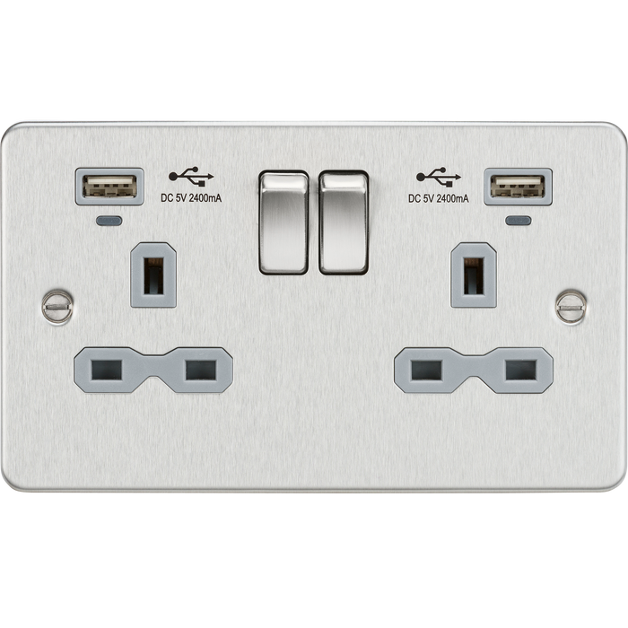 Knightsbridge FPR9904NBCG Flat plate 13A Smart 2G switched socket with USB chargers (2.4A) - Brushed Chrome with grey insert