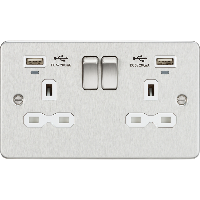 Knightsbridge FPR9904NBCW Flat Plate 13A Smart 2G switched socket with USB chargers (2.4A) - Brushed Chrome with white insert