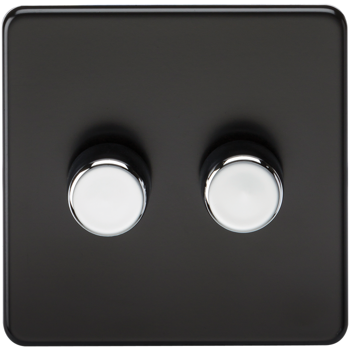 Knightsbridge SF2182MB Screwless 2G 2 WAY 40-200W Dimmer Switch - Matt Black - Chrome Knobs