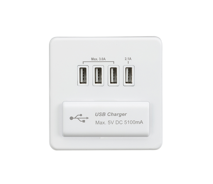 Knightsbridge SFQUADMW Screwless Quad USB Charger Outlet (5.1A) - Matt White with White Insert