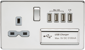 Knightsbridge SFR7USB4PCG Screwless 13A switched socket with quad USB charger (5.1A) - polished chrome with grey insert - Knightsbridge - Sparks Warehouse