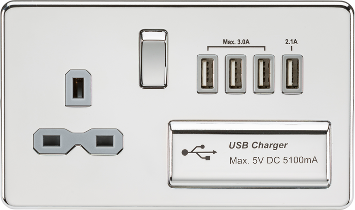 Knightsbridge SFR7USB4PCG Screwless 13A switched socket with quad USB charger (5.1A) - polished chrome with grey insert