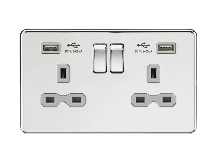 Knightsbridge SFR9224PCG 13A 2G Switched Socket with Dual USB Charger (2.4A) - Polished Chrome with Grey Insert