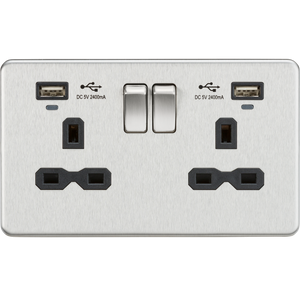 Knightsbridge SFR9904NBC 13A 2G Switched Socket, Dual USB (2.4A) with LED Charge Indicators - Brushed Chrome w/black insert - Knightsbridge - Sparks Warehouse