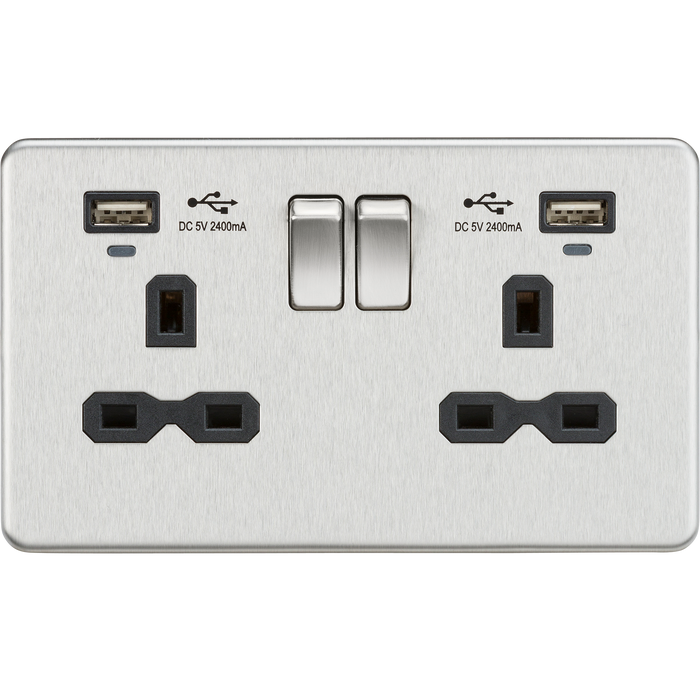 Knightsbridge SFR9904NBC 13A 2G Switched Socket, Dual USB (2.4A) with LED Charge Indicators - Brushed Chrome w/black insert