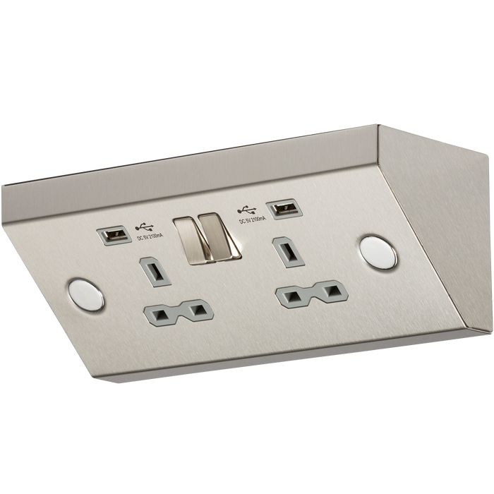 Knightsbridge SKR009A 13A 2G Mounting Switched Socket with Dual USB Charger (2.4A) - Stainless Steel with grey insert