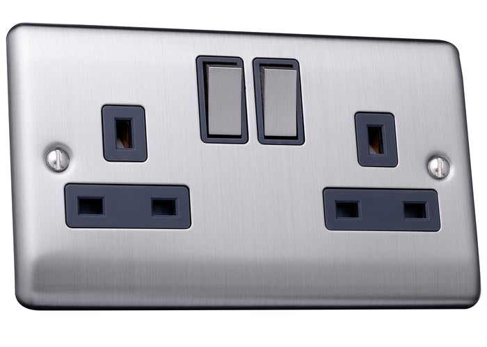 Caradok 13A 2 gang switched socket, double pole Brushed Chrome, Metal Switch, Grey Insert