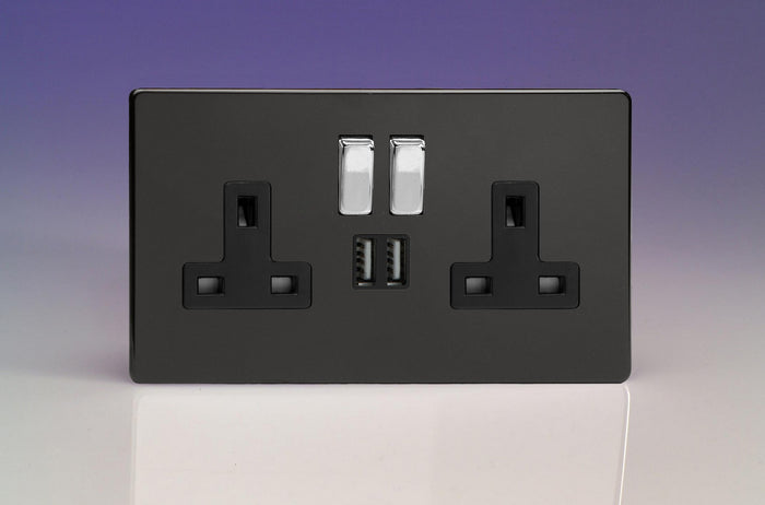 Varilight XDL5U2SBS - 2-Gang 13A Single Pole Switched Socket with Metal Rockers + 2x5V DC 2100mA USB Charging Ports